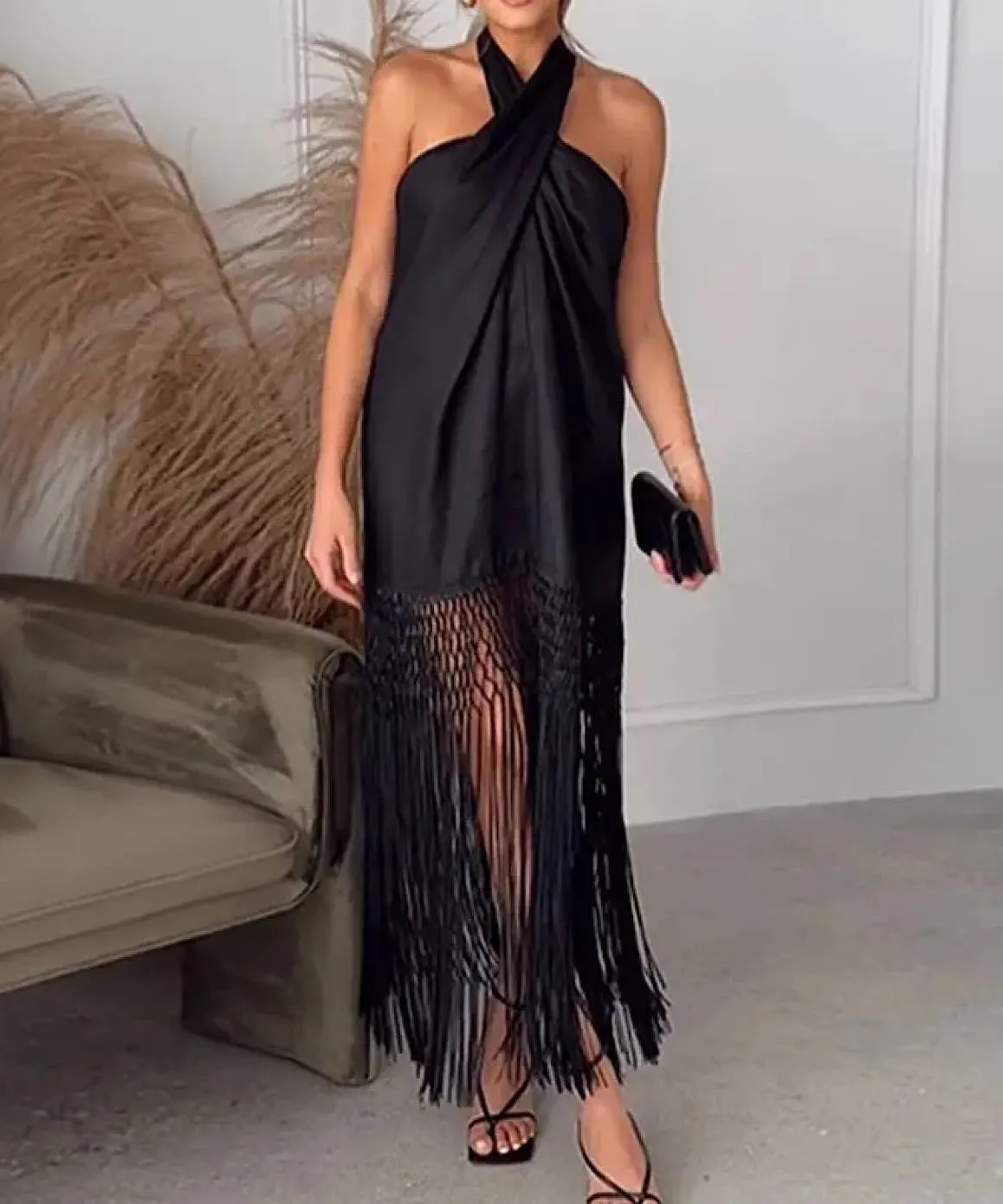 Fringe Skirt Halter Linen Dress In Black