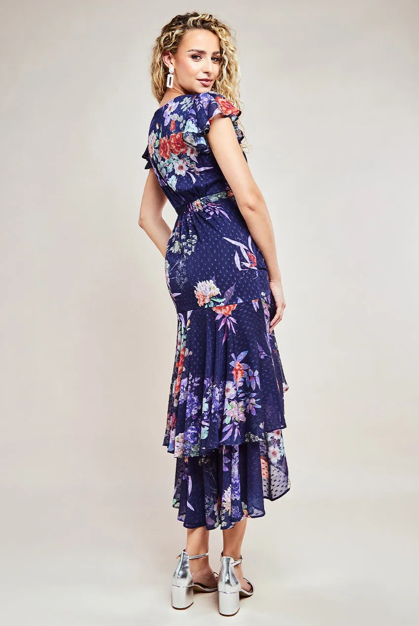 Goddiva Printed Wrap High And Low Tier Dress