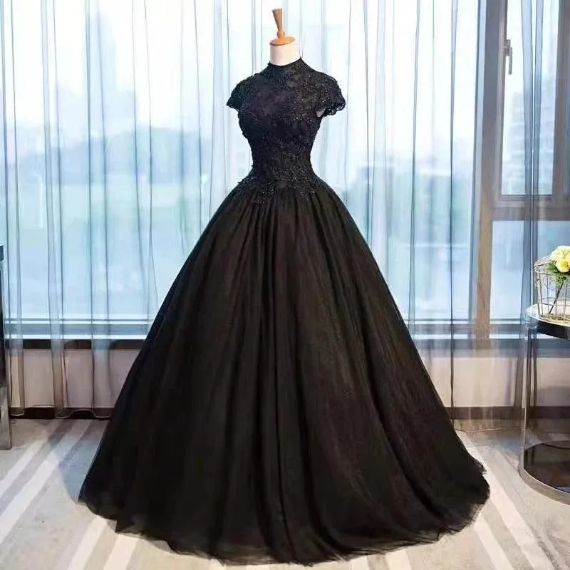 Gothic High Neck Cap Sleeves Gorgeous Gown