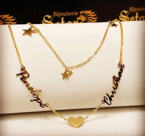 Heart & stars double chain family necklace