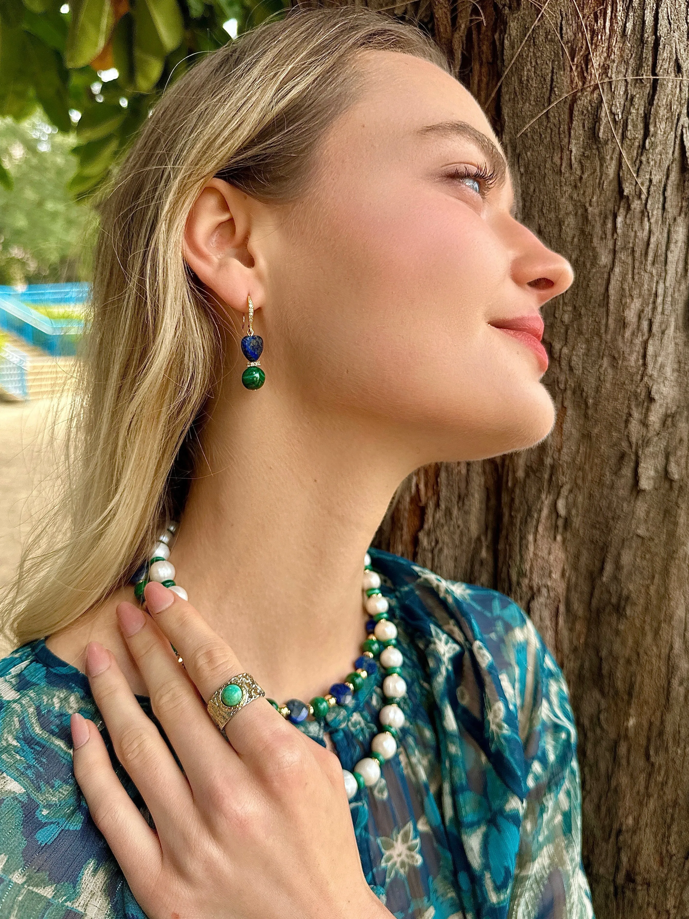 Heart-Shaped Lapis with Round Malachite Earrings LE032