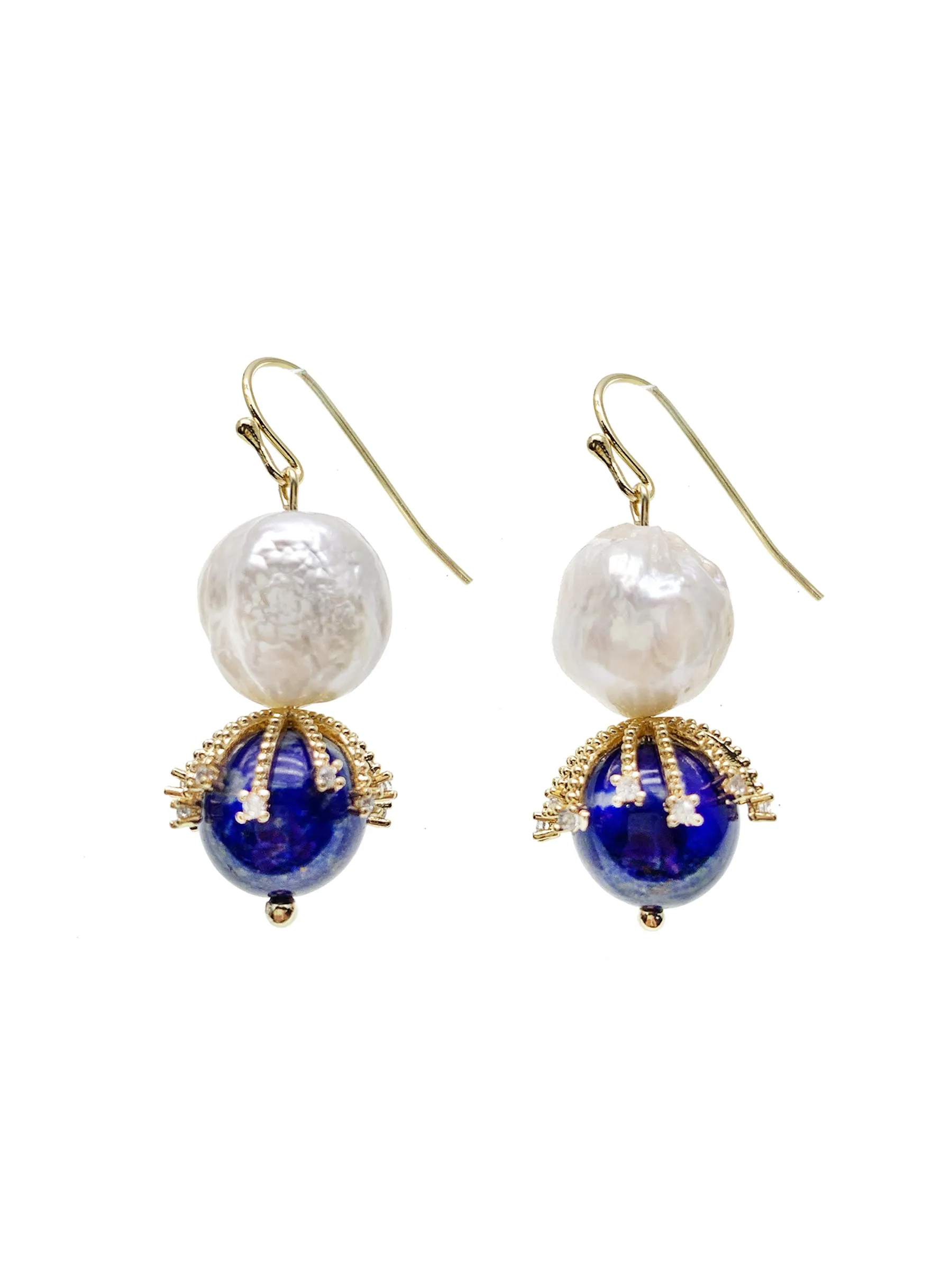 Irregular Freshwater Pearls With Lapis Dangle Earrings HE003