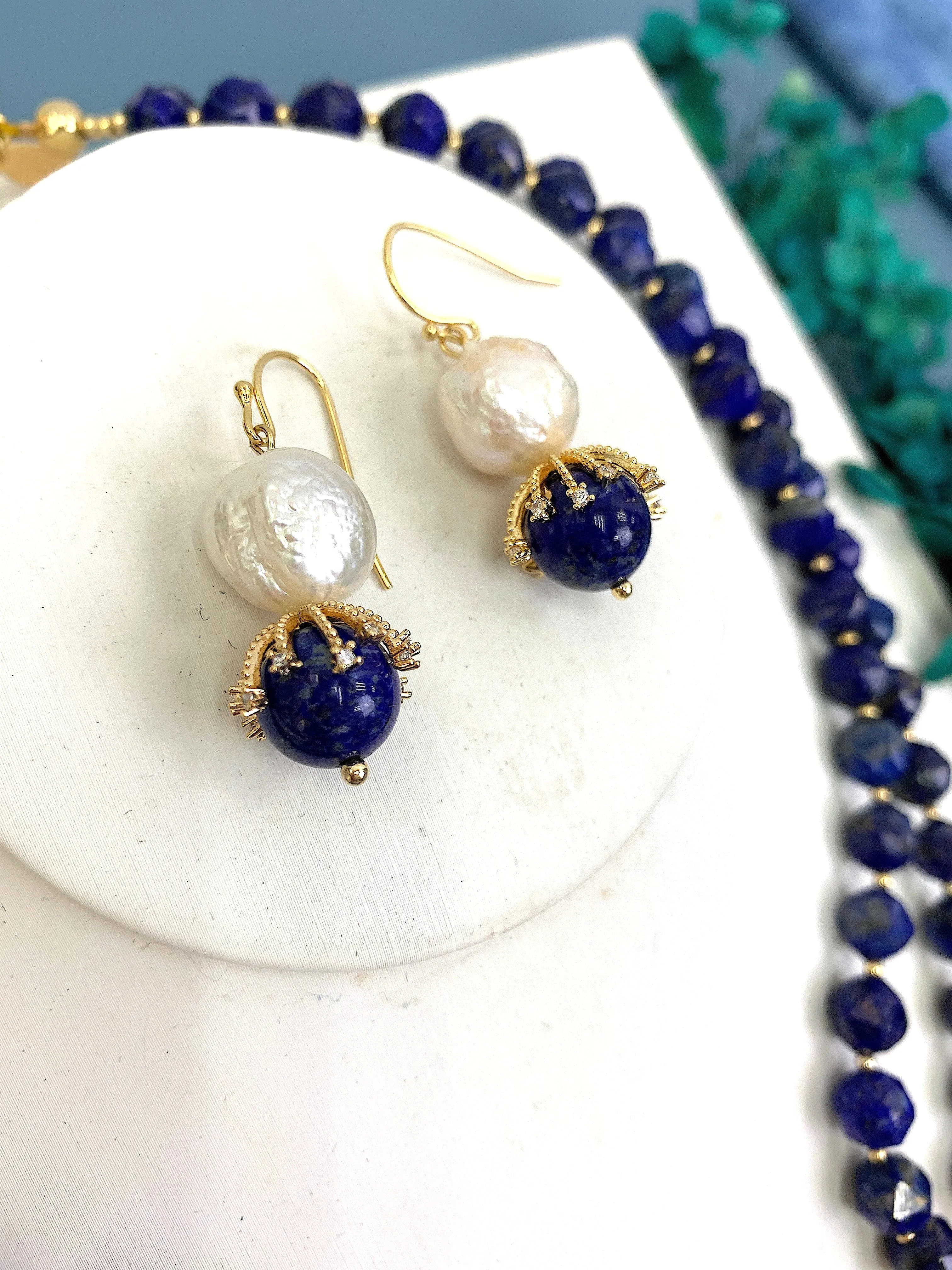 Irregular Freshwater Pearls With Lapis Dangle Earrings HE003