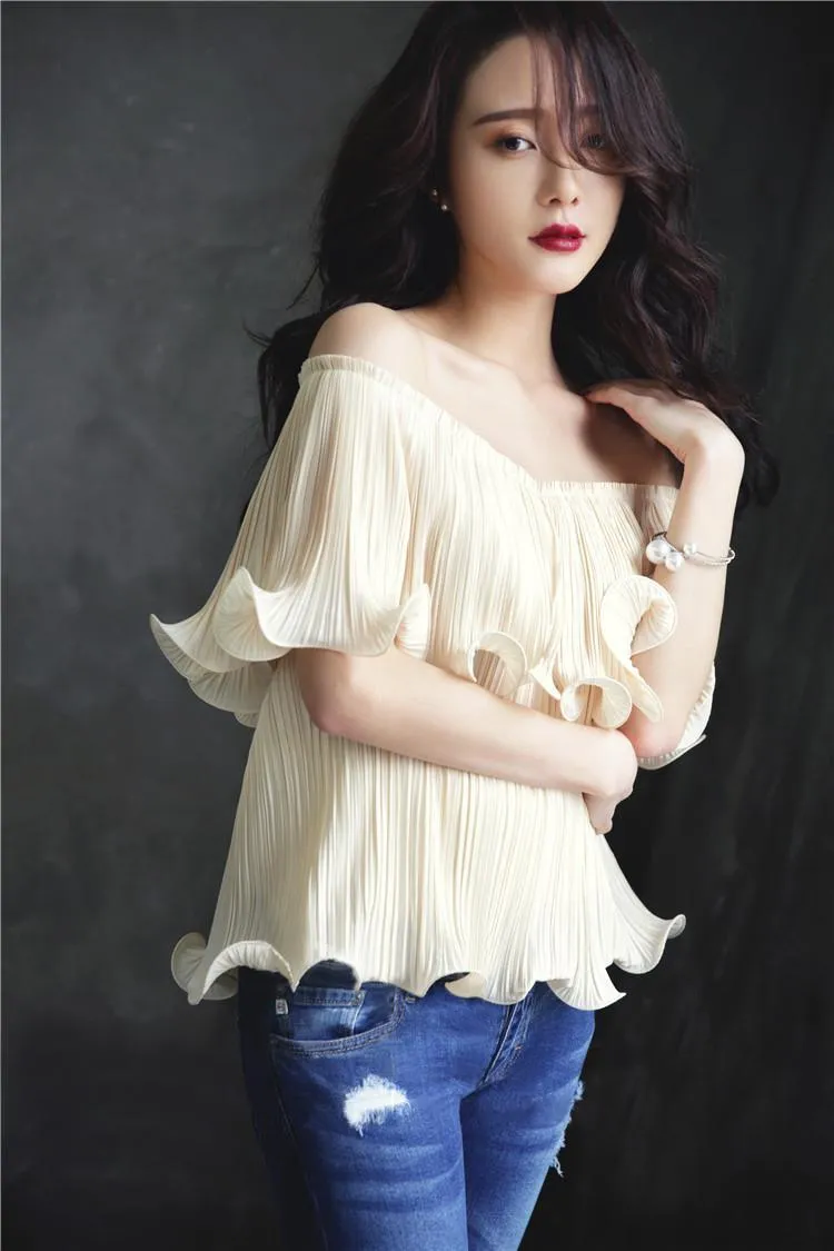 Jenner Off Shoulder Wavy Ruffle Chiffon Top