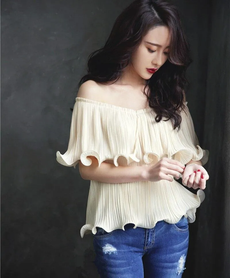 Jenner Off Shoulder Wavy Ruffle Chiffon Top