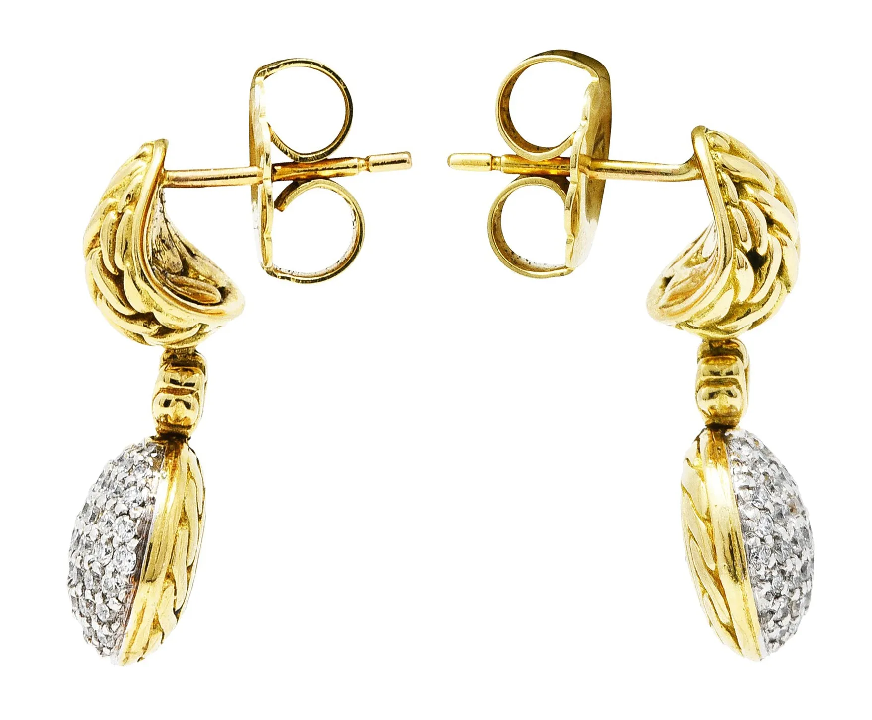 John Hardy 1.00 CTW Diamond 18 Karat Two-Tone Gold Pavè Drop Earrings