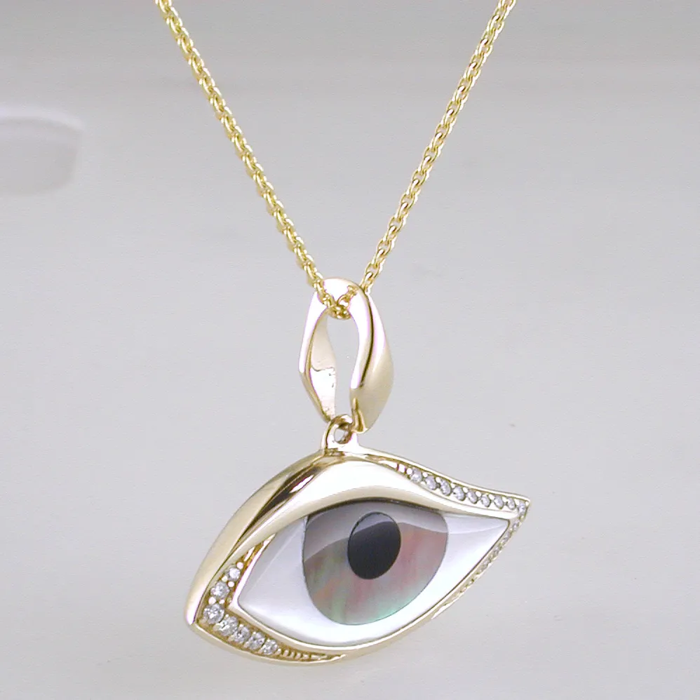 Kabana Kalo Mati 14k Yellow Gold Evil Eye Diamond Pendant with Grey Mother of Pearl Inlay GPCF485OXMZMW