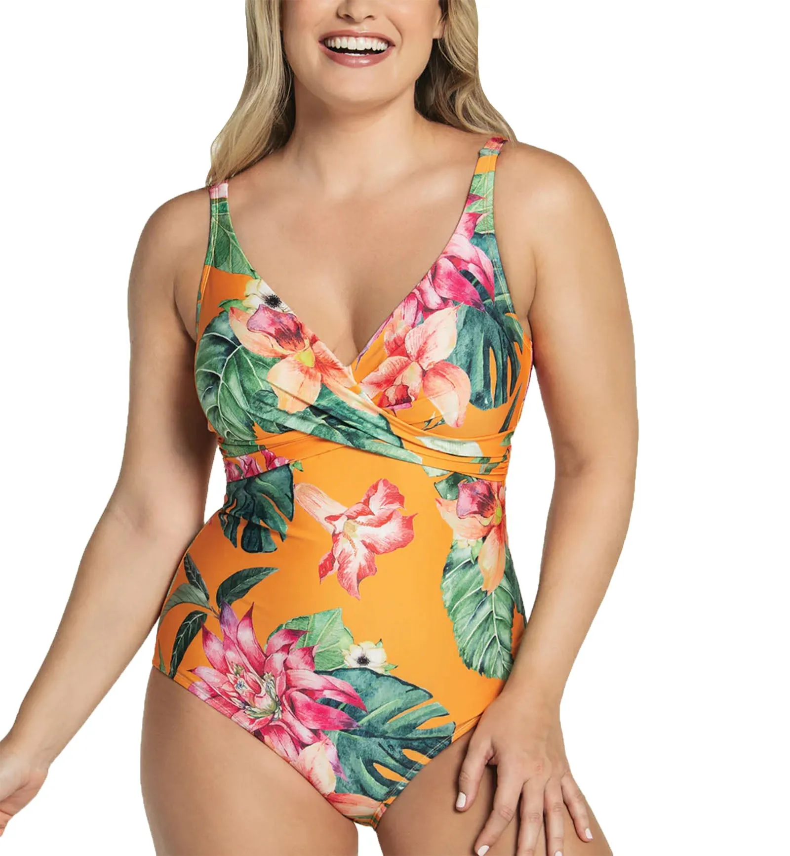 Leonisa Eco-Friendly Low Back One Piece Slimming Swimsuit (19A071P) - Orange Leaves Print