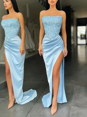 Light Blue Strapless Sleeveless Mermaid Side Slit Prom Dress Evening Dress, OL754