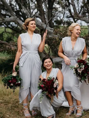 Light Grey Chiffon Cap Sleeve High Low Ankle Length Bridesmaid Dresses,DB131