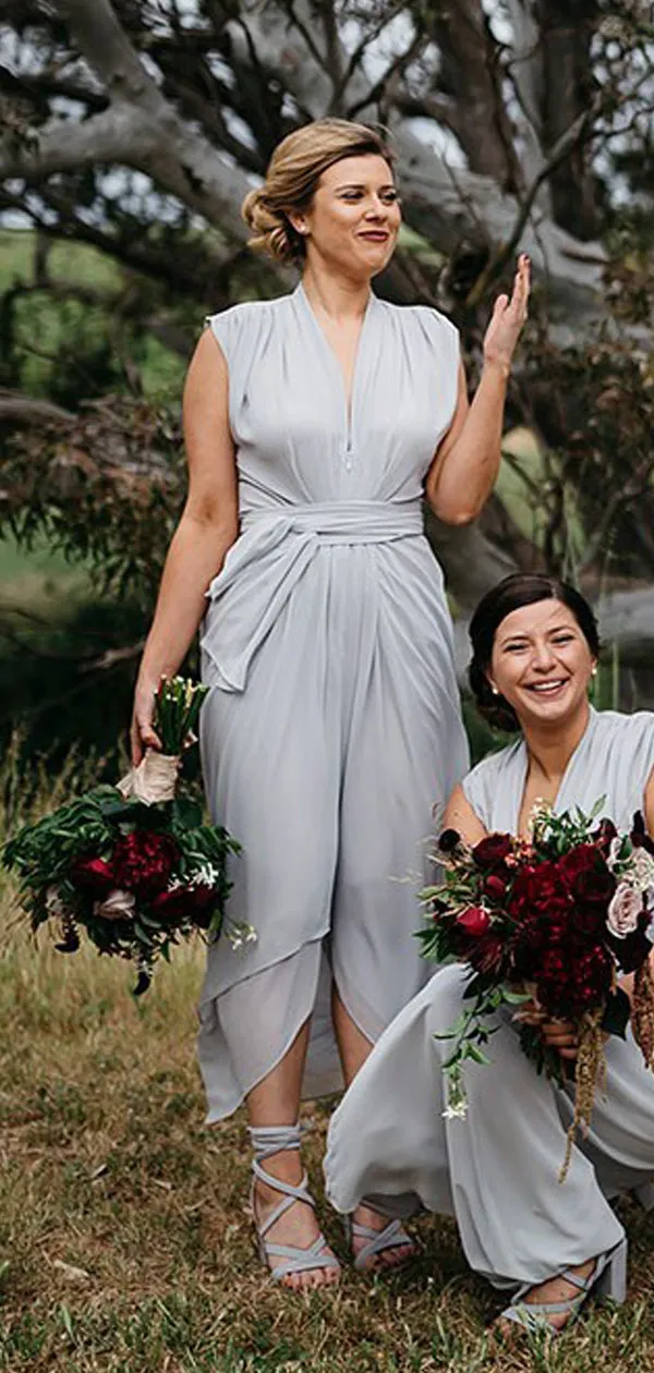 Light Grey Chiffon Cap Sleeve High Low Ankle Length Bridesmaid Dresses,DB131