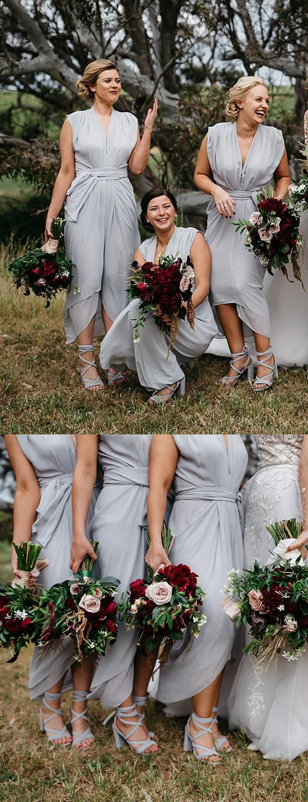 Light Grey Chiffon Cap Sleeve High Low Ankle Length Bridesmaid Dresses,DB131