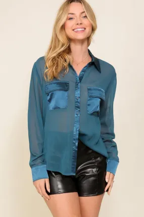 Long Sleeve Button Chiffon Blouse With Satin Trim