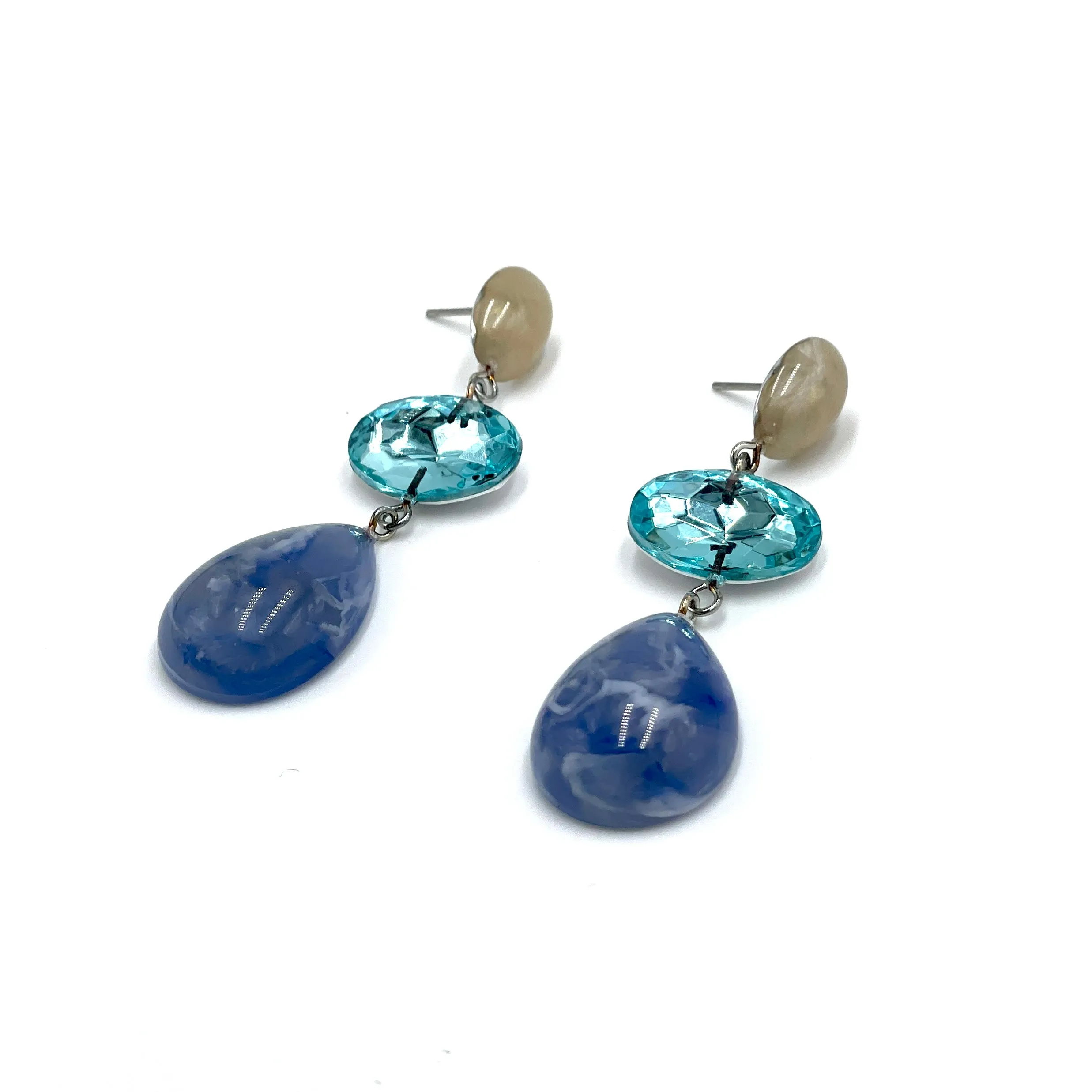 Marbled Sapphire & Faceted Aqua Lucite Trinket Earrings