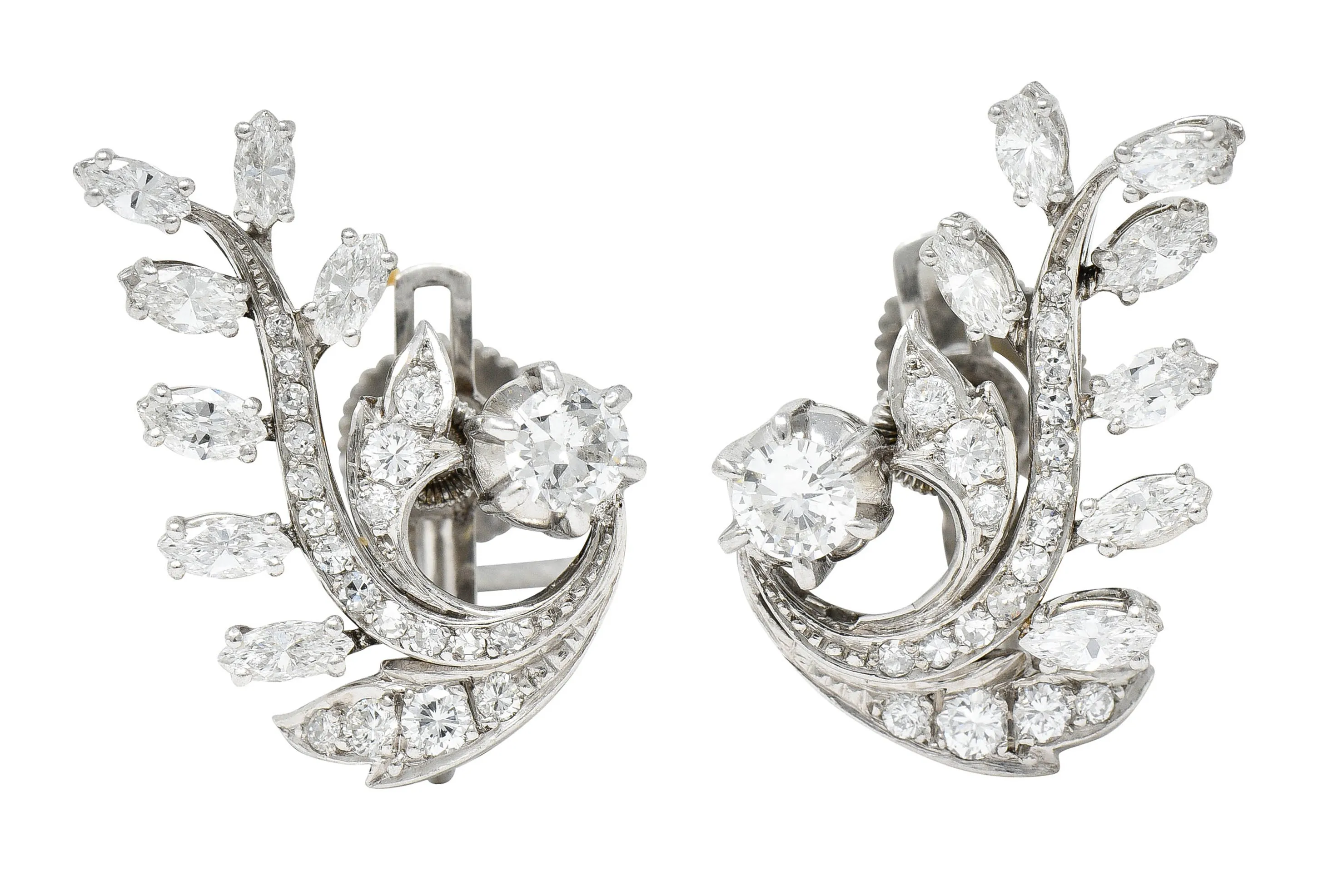 Mid-Century 2.65 CTW Diamond Platinum Foliate Screwback Earrings