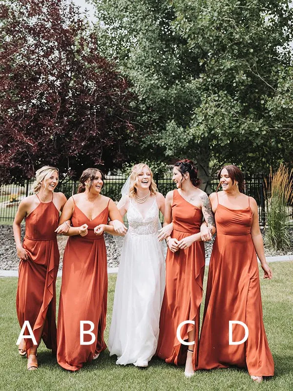 Mismatched Spaghetti Straps V-neck A-line Burnt-Orange Bridesmaid Dresses Online, BG376