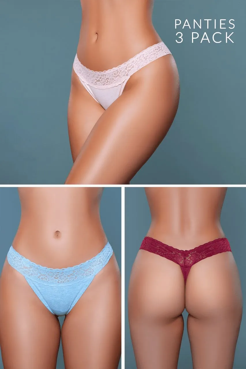 Multiple Low Rise Thong With Floral Lace Waist