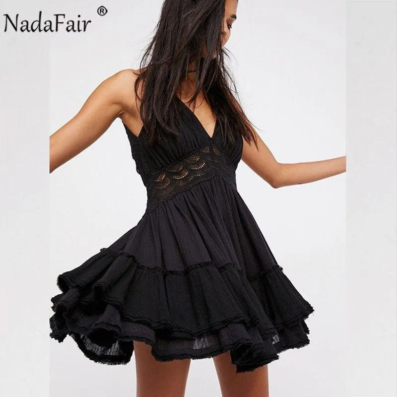 Nadafair Lace Sexy Spaghetti Strap A-Line V Neck Backless Party Mini Dress