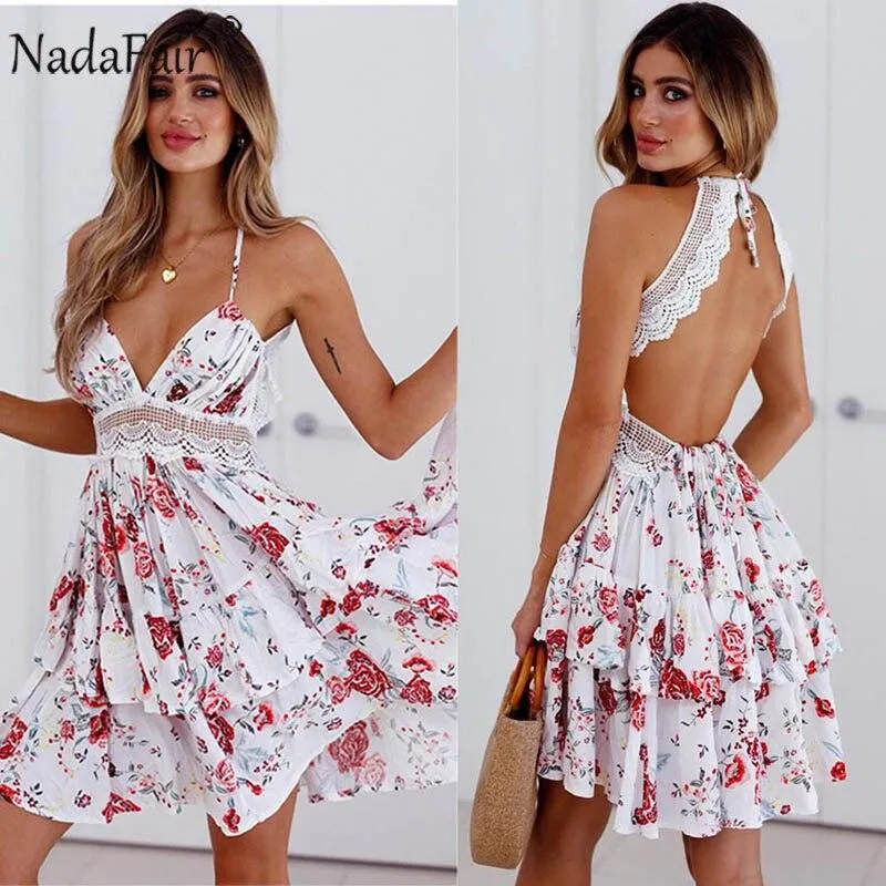 Nadafair Lace Sexy Spaghetti Strap A-Line V Neck Backless Party Mini Dress