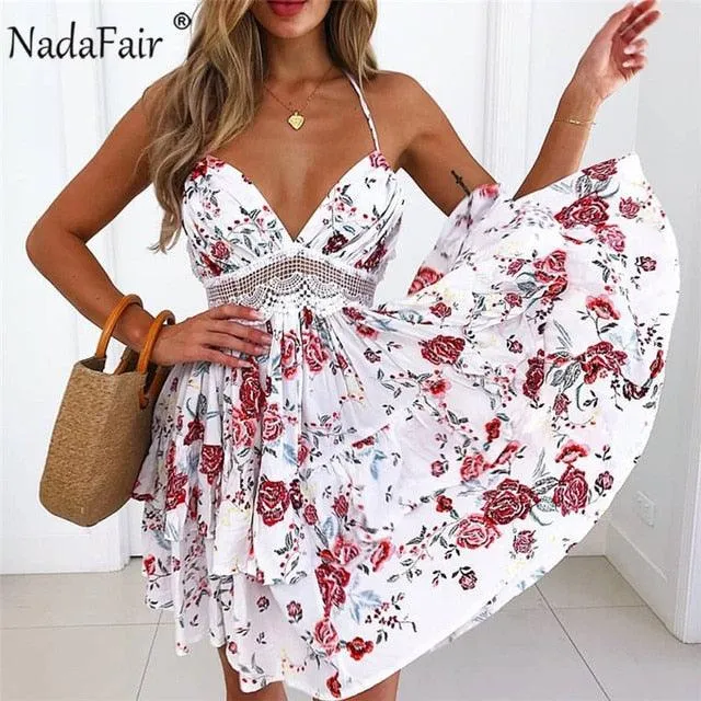 Nadafair Lace Sexy Spaghetti Strap A-Line V Neck Backless Party Mini Dress