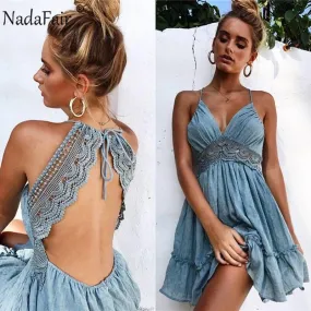 Nadafair Lace Sexy Spaghetti Strap A-Line V Neck Backless Party Mini Dress