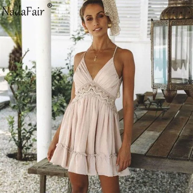 Nadafair Lace Sexy Spaghetti Strap A-Line V Neck Backless Party Mini Dress