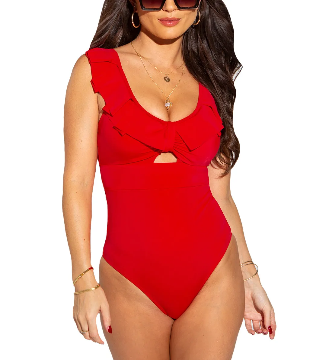 Pour Moi Space Frill Non Wire Swimsuit (18106) - Red