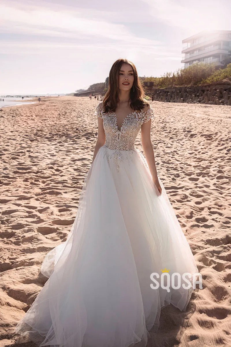 QW8022 - A-Line V-Neck Off-Shoulder Tulle Baeded Long Wedding Boho Dress