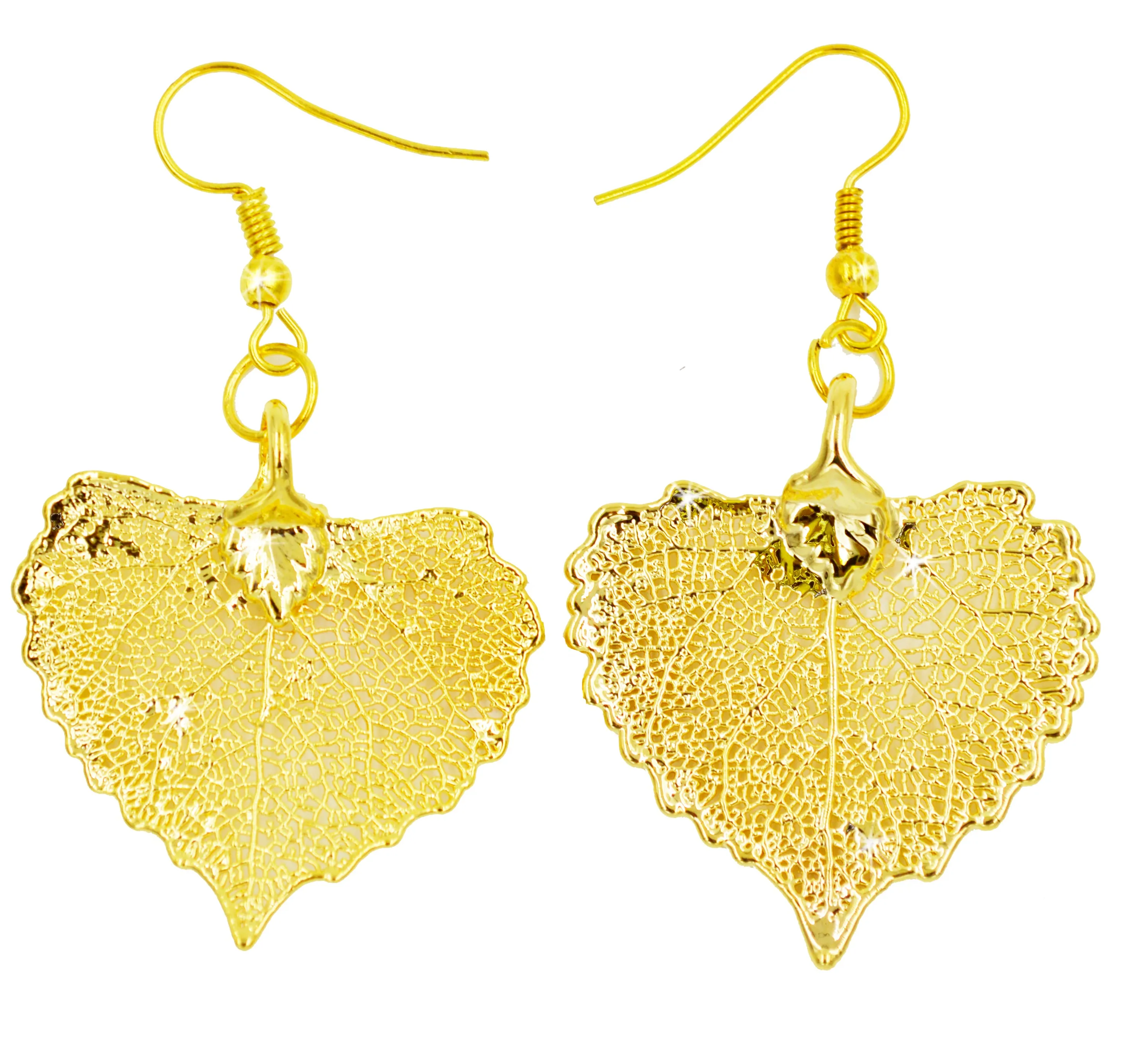 Real Leaf Hook Drop EARRINGS COTTONWOOD 24K Yellow Gold Dipped Genuine Leaf