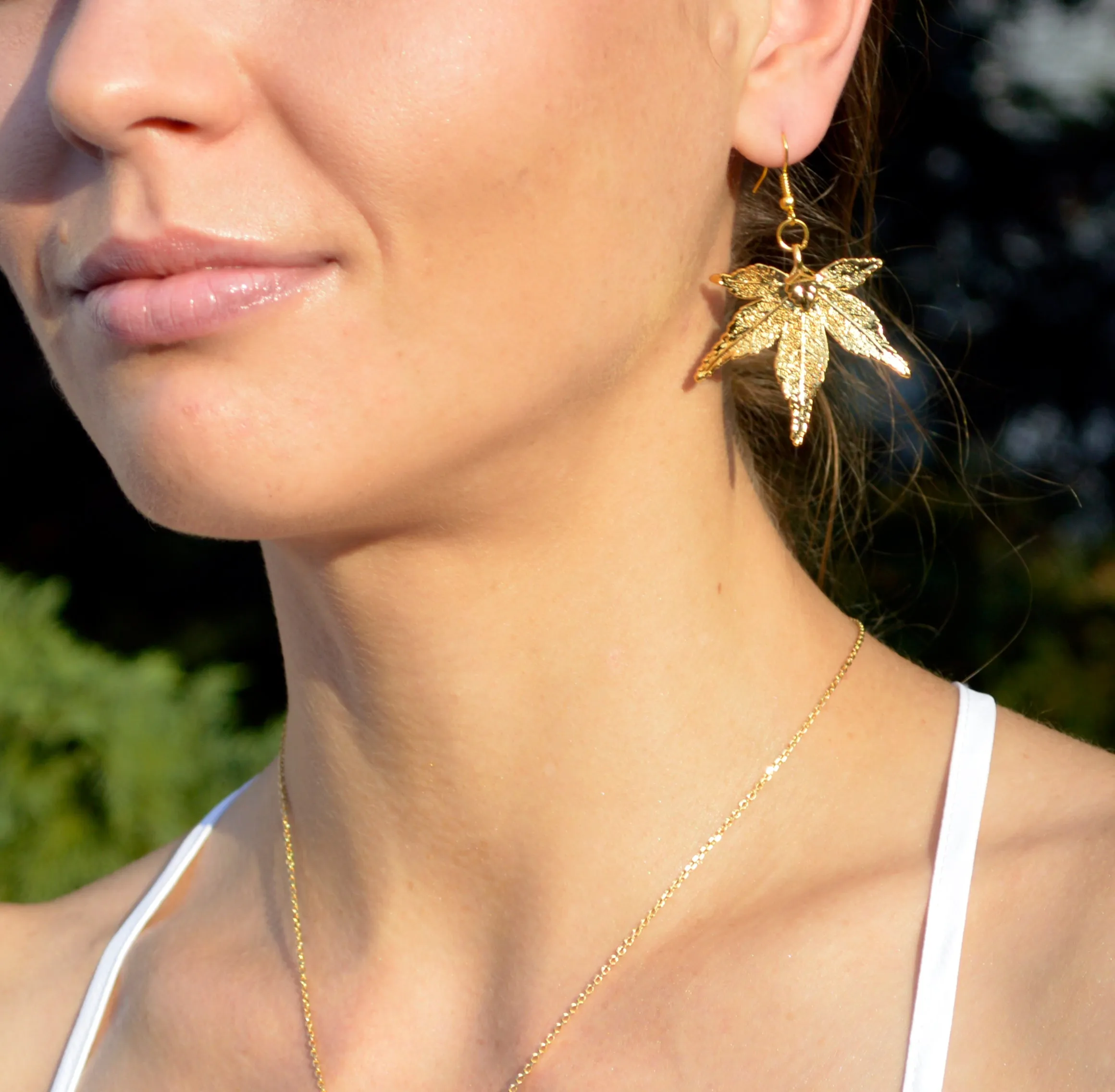 Real Leaf Hook Drop EARRINGS Japanese Maple Dipped in 24K Yellow Gold Genuine Leaf