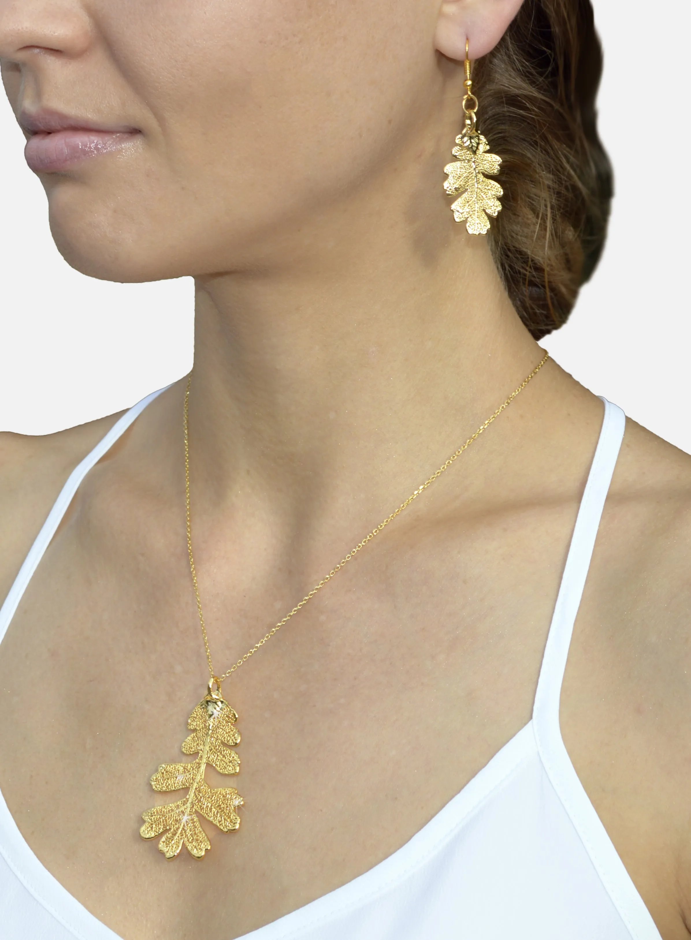 Real Leaf Hook Drop EARRINGS Lacey OAK in 24K Yellow Gold Genuine Leaf