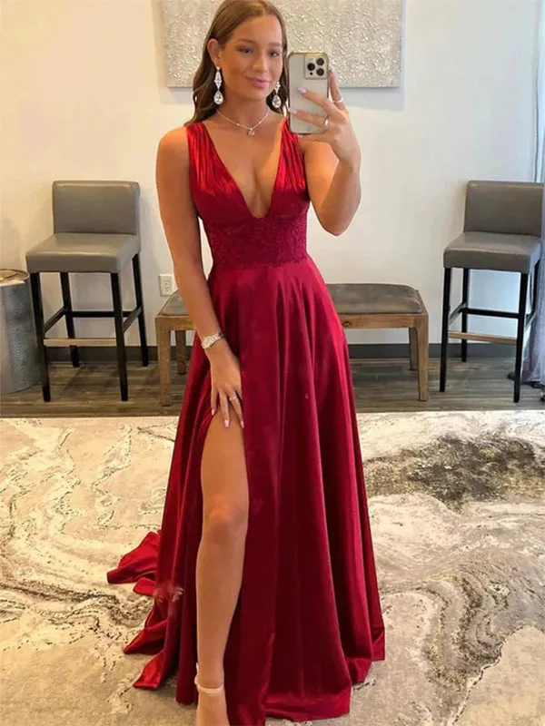 Red Open Back V-neck Long Prom Dress with High Slit, DB10938