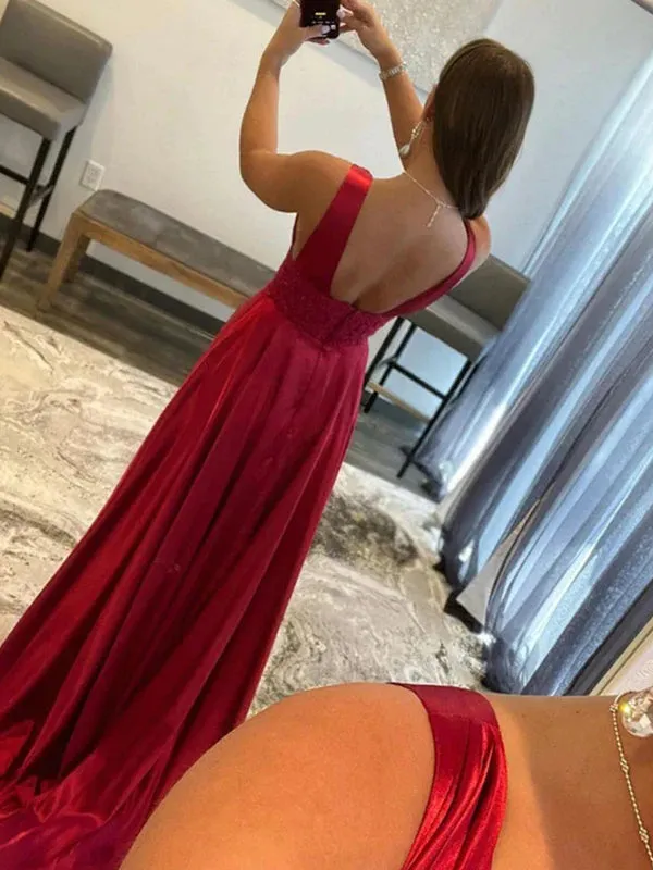 Red Open Back V-neck Long Prom Dress with High Slit, DB10938