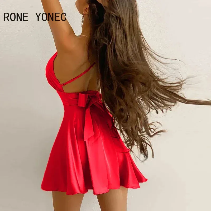 Red Spaghetti Backless Mini Zipper Dress With V-Neck