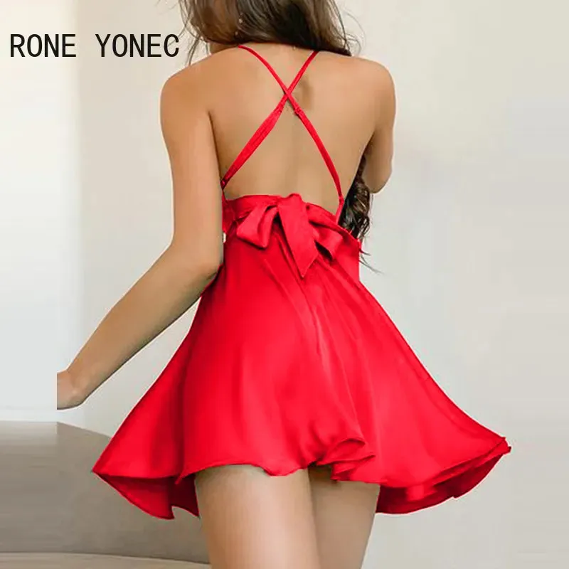 Red Spaghetti Backless Mini Zipper Dress With V-Neck