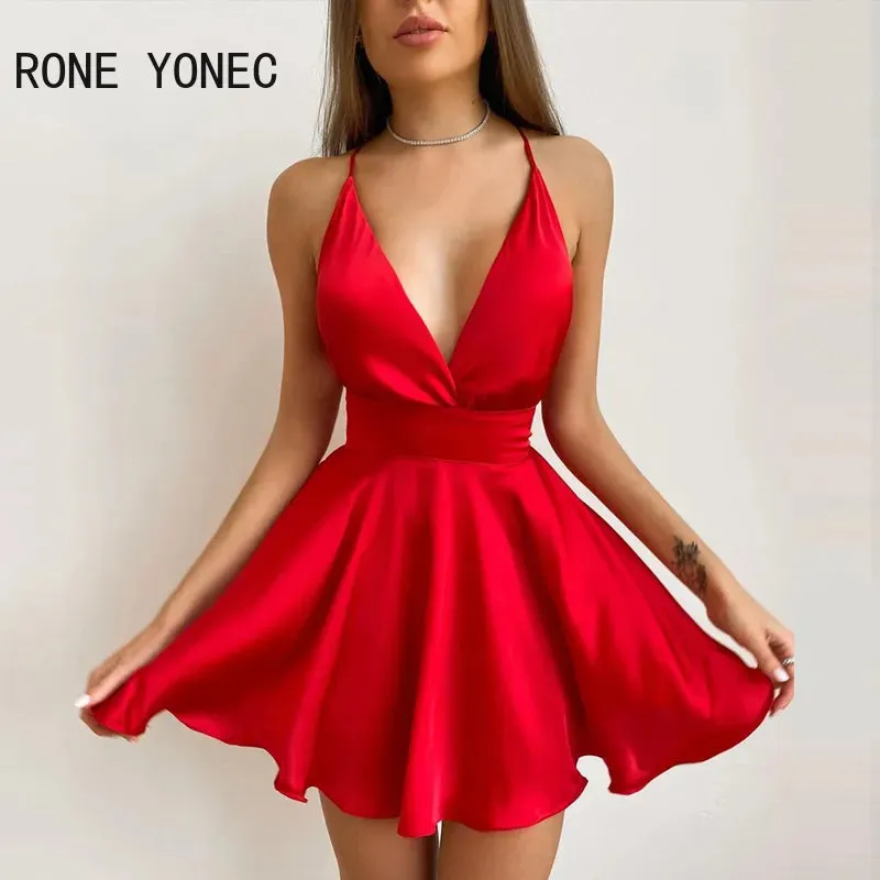 Red Spaghetti Backless Mini Zipper Dress With V-Neck