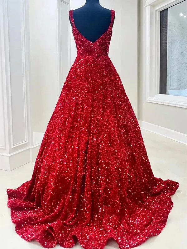 Red Square Neck Sequin Long Prom Dress Evening Dress, OL603