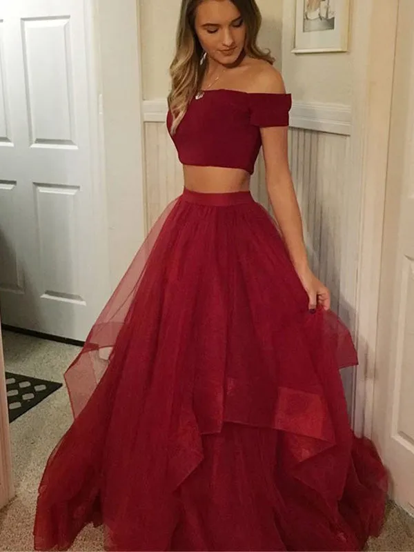 Red Two Pieces Off the Shoulder A-line Tulle Prom Dress Evening Dress, OL745