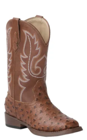 Roper Kids Brown Ostrich Print Square Toe Cowboy Boots