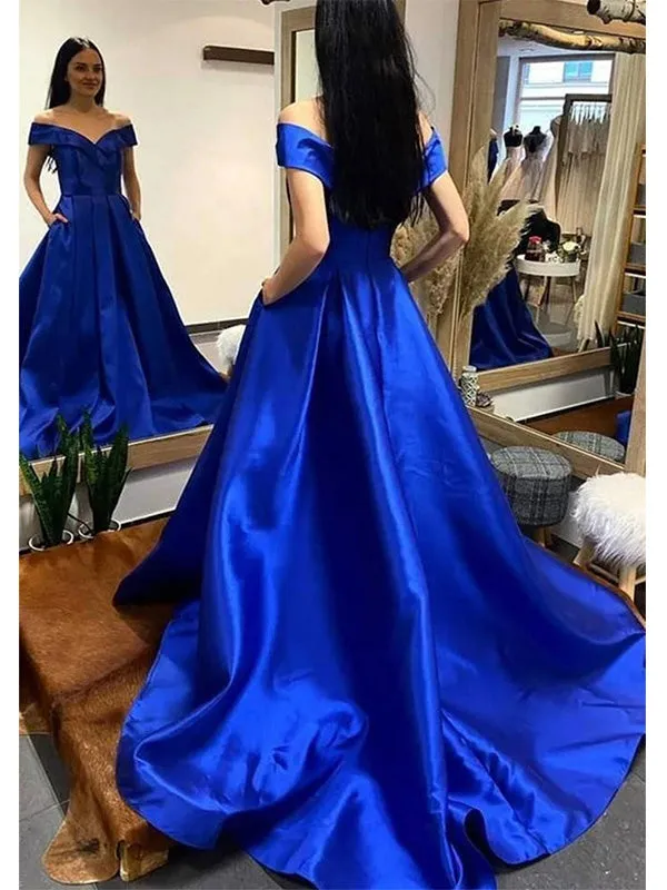 Royal Blue Off the Shoulder V-neck Satin Long Prom Dress Evening Dress, OL703