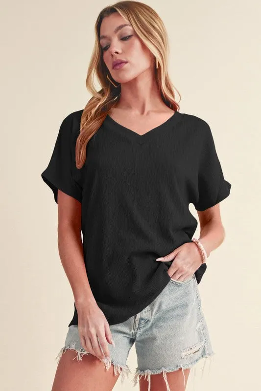 Sapphire Crinkled V Neck Wide Sleeve T-shirt