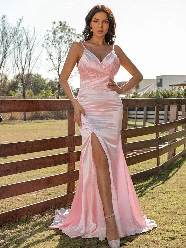 Sheath V-neck Spaghetti Straps Sleeveless Prom Dress with Side Slit, DB11020