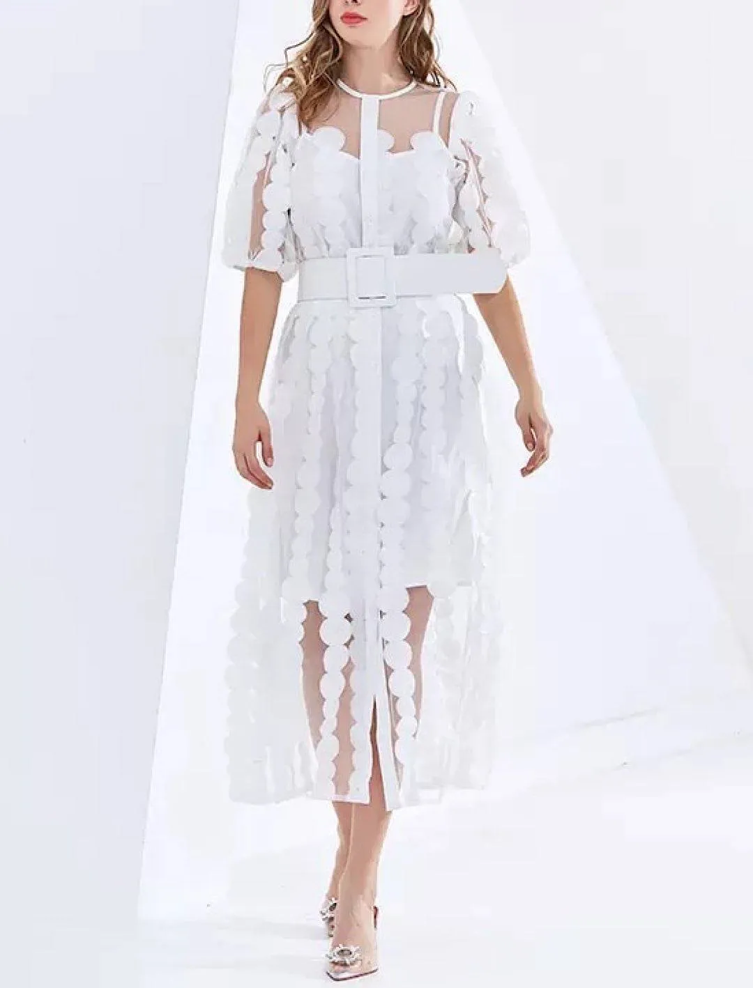 Sheer Petal Embroidered Shirt Dress