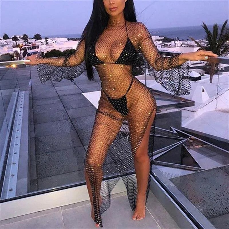 Shiny Rhinestones Sexy See Through Grid Long Dress