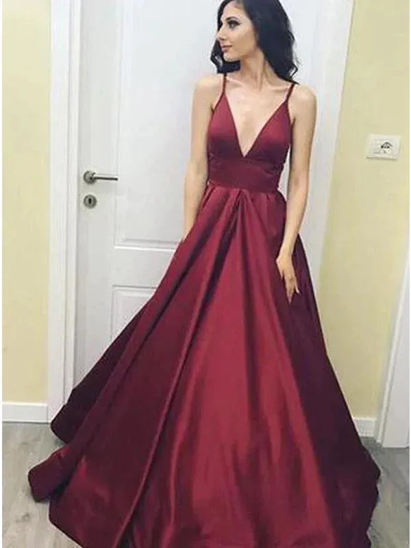 Simple V-neck Floor Length Satin Burgundy Yellow Prom Dress Evening Dress with Pockets, OL591