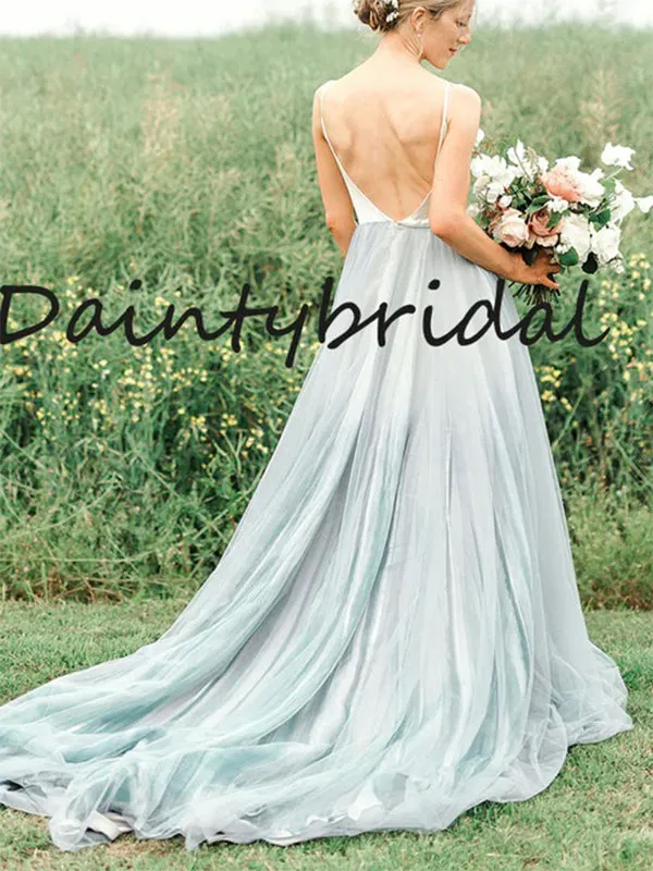 Simple V-neck Spaghetti Strap A-line Tulle Long Wedding Dresses Evening Dresses.DB10714