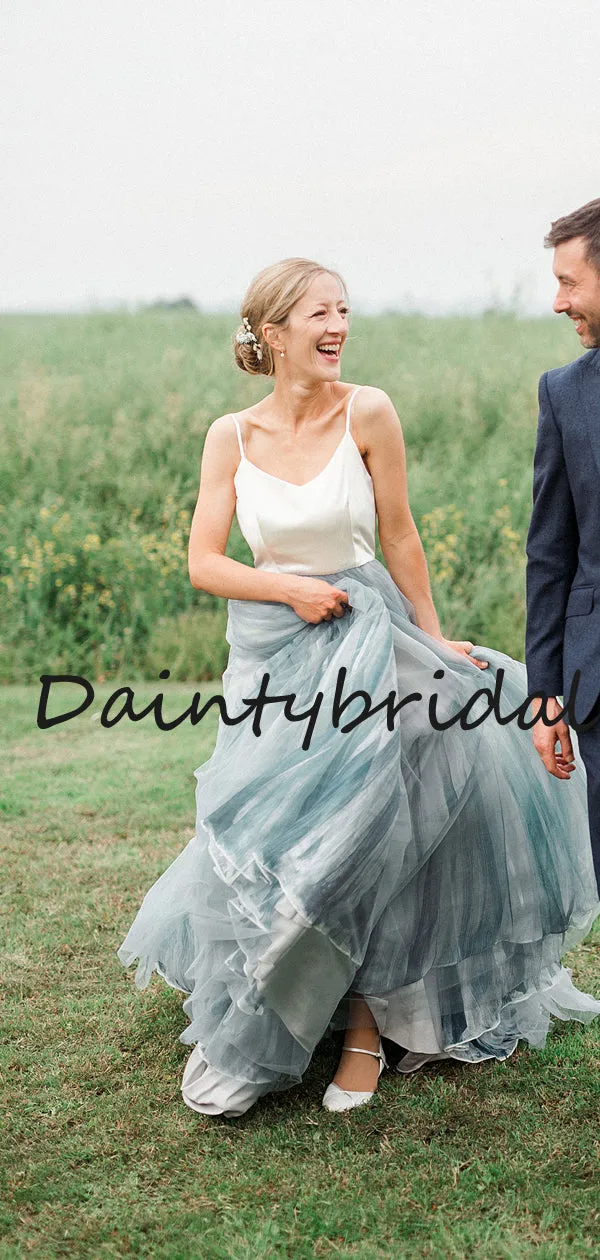 Simple V-neck Spaghetti Strap A-line Tulle Long Wedding Dresses Evening Dresses.DB10714