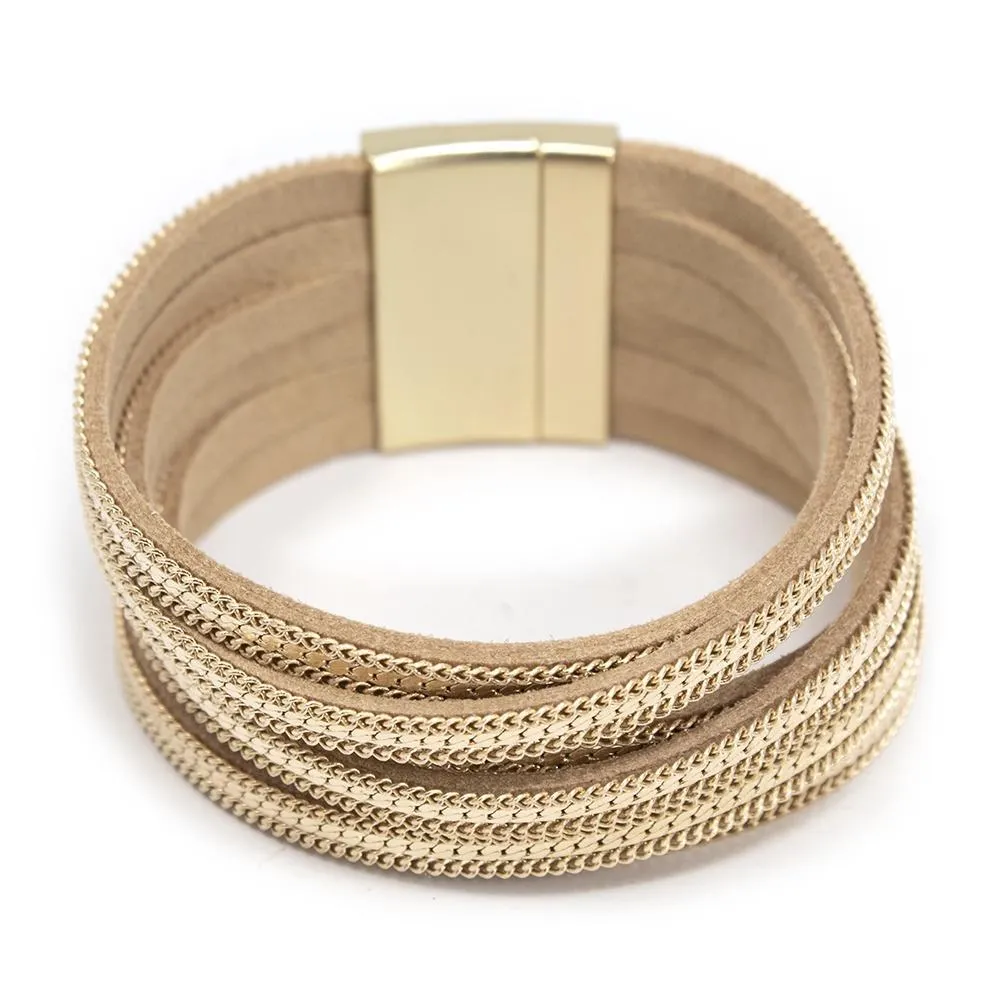 Six Row Bracelet Suede Chain Gold Tone