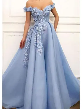 Sky Blue Off the Shoulder Flower Appliques Long Beautiful Prom Dress, OL653