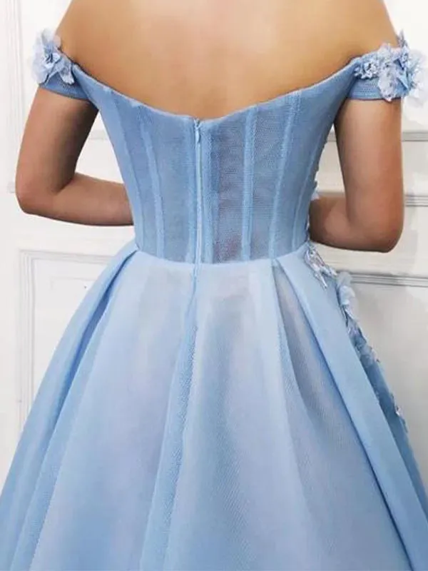 Sky Blue Off the Shoulder Flower Appliques Long Beautiful Prom Dress, OL653